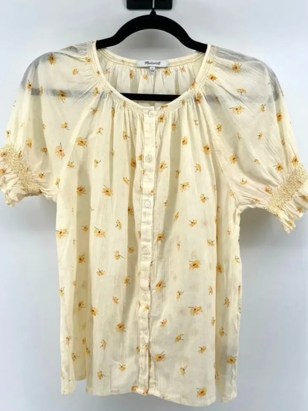 Madewell French Daisies Smocked Cotton Button Up Peasant Top Blouse Size S